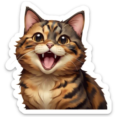 Cinematic Cute Yawning Tortoiseshell Cat Portrait Emoji, Head slightly tilted with a wide, adorable yawn and half-closed, dreamy eyes, featuring a warm, mottled fur of rich browns and blacks, simplified yet irresistibly cute, highly detailed, glowing with a soft, slumbering radiance, high shine, exuding a relaxed, drowsy charm, styled with a gentle, soft glowing outline, capturing the essence of a tortoiseshell cat in a precious moment of sleepy delight! sticker