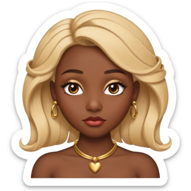 darkskin female with eyebrows that are naturally shaped and frame eyes well, eyes that are almond-shaped with defined lashes. nd lips are full with a defined cupid’s bow, add also a septum piercing that adds an edgy, stylish flair. a middle-part, honey blonde bust-down with laid baby hairs 
 sticker