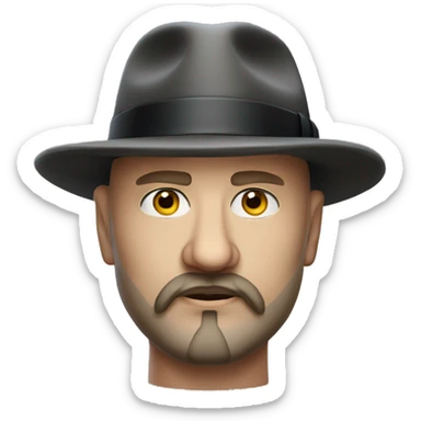 Photorealistic, realism, serious man A plump bald man of Slavic appearance with a goatee beard and mustache, wearing a fedora hat XX century sticker