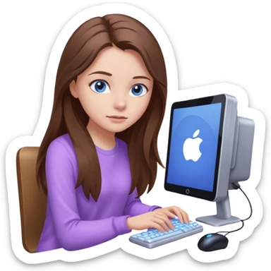 beautiful girl with long brown hair, blue eyes and wearing light purple clothes playing computer games sticker