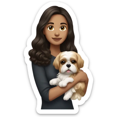 Young dark brunette medium kin hair woman with a golden shih tzu in her arms long wavy hair sticker