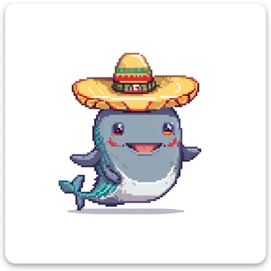 A happy whale wearing a large Mexican sombrero hat, playful character sticker