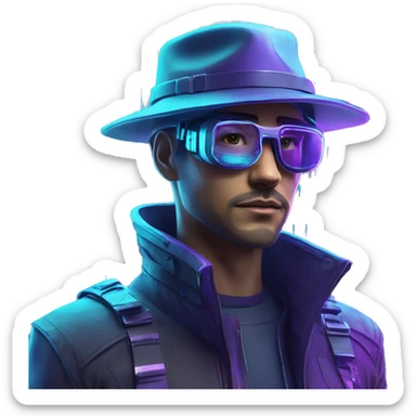 Secret human agent in a hat with  cyberpunk elements in VR googles scanning looking reviewing multicolor lines of code, cyan and purple colors, only upper body portrait sticker