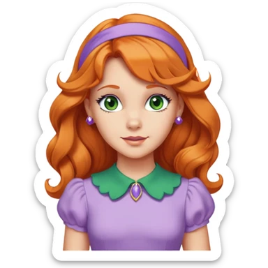 daphne blake long orange wavy hair with lilac headband, green eyes and cute lilac dress with green collar from scooby doo  sticker