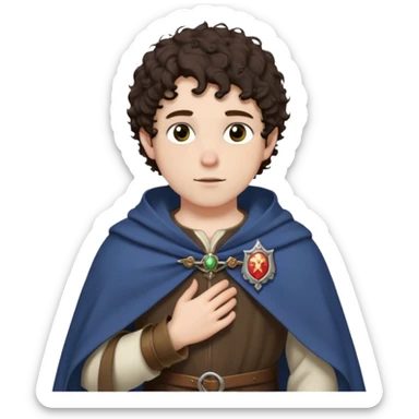 medieval spring outfit worn by a DnD themed fantasy male character. thin wool tunic with a light cloak draped over one shoulder, secured by a wooden brooch. clothes only above the waist. The clothes full waist. The character's haven't arms. character is white-skinned, dark brown hair, hazel eyes, short curly hair. sticker