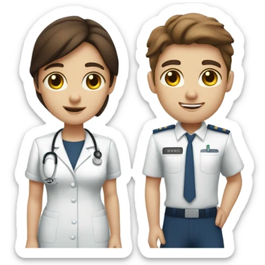 long brown haired girl nurse with brown eyes  and brunette haired boy pilot with blue eyes. couple holding ha ndds  sticker