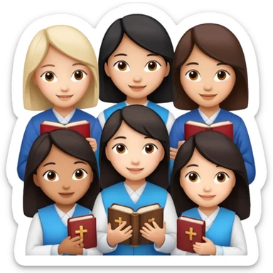 eight asian girls talking to each other holding bibles and crosses sticker