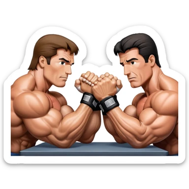 Arnold Schwarzenegger VS Sylvester Stallone from 'Over the Top,' locked in an arm wrestling battle, using only their right hands. Their left hands rest on the table. Both display immense strength, with muscular arms flexing, under bright competition lights. Transparent background. sticker