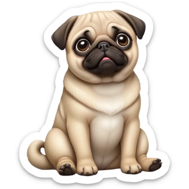 detailed-[cute pug]-realistic-full-body-sitting-emoji,-tail-resting-loosely-beside-its-paws,-head-tilted-dramatically, -sleek-fur,-simplified-yet-realistic-focused-features,-highly-detailed,-glowing-with-an-almost-sarcastic-glow sticker