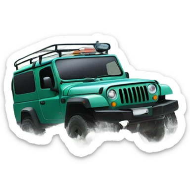 A four-wheel drive crossing a shallow river in a rainforest, with trees in the background and splashing water, representing versatility and strength. sticker