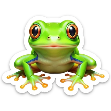 Cinematic Comical Green Tree Frog Portrait Emoji, Head tilted dramatically with an exaggeratedly amused expression, featuring a small, vibrant green body with wide, comically expressive eyes and quirky, textured skin, Simplified yet hilariously expressive features, highly detailed, glowing with a slightly sassy jungle glow, high shine, dramatic yet playful, stylized with an air of cheeky tropical mischief, soft glowing outline, capturing the essence of a meme-worthy green tree frog that looks ready to leap its way into viral fame! sticker