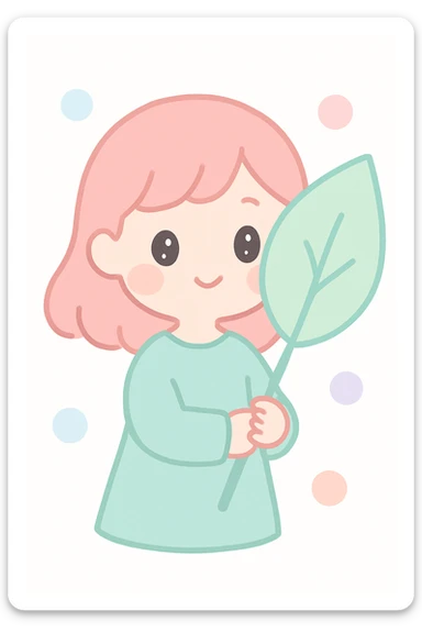 a girl holding a large leaf with a gentle expression, soft and tender mood sticker