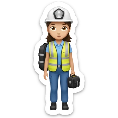 Brunette brown Girl full body standing with her white security helmet and security vest on, also with her black backpack sticker