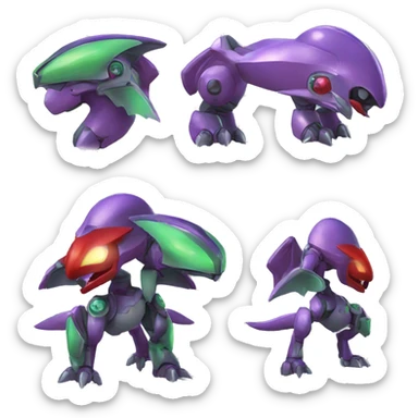 a shiny purple-green-red Genesect-Charizard-Raptor-Fakémon—hybrid with a futuristic visor-helmet full body sticker