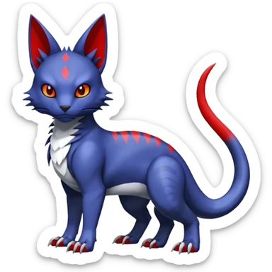 midnight blue-gray-black, with red markings, white belly, scaley Bastet-Noibat-Gatomon-Garchomp-Digimon-Fakémon-Pokémon-creature (full body) sticker