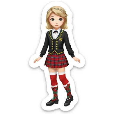 Highland dancing argyle over the knee socks, blouse, highland dancing jacket, tartan miniskirt and highland dancing shoes sticker