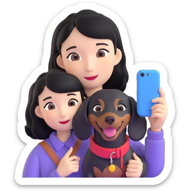 black hair asian girl taking selfie with black dachshund sticker