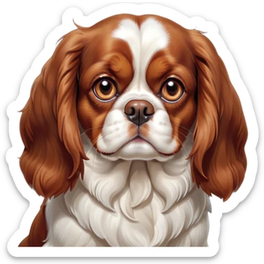 Cinematic Grumpy Blenheim Cavalier King Charles Spaniel Portrait Emoji, Head tilted slightly with a deeply unimpressed expression, thick Blenheim coat with pronounced chestnut and white markings, large, droopy brown eyes narrowed into an unamused glare, ears slightly drooping in exasperation, Simplified yet comically expressive features, highly detailed, glowing with a dry, sarcastic glow, high shine, effortlessly judgmental yet dignified, stylized with a touch of cynicism, bright but brooding, soft glowing outline, capturing the essence of an eternally unimpressed yet endearing companion, so lifelike it feels like it could sigh heavily at you in disdain at any moment! sticker