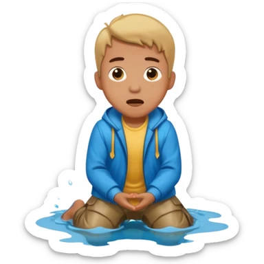 apple style emoji of a man who has fallen into a puddle, kneeling and looking surprised sticker