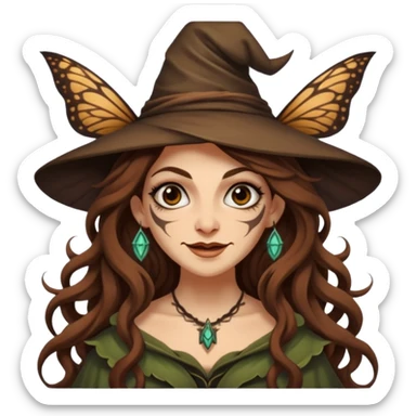 mischievous forest witch woman long wavy brown hair tattoos smirk moth sticker