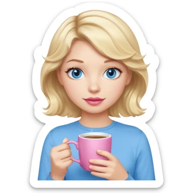 Girl Blonde short wavy hair,  blue eyes, cute blue top, long lashes, pink lips, holding hot white coffee mug sticker
