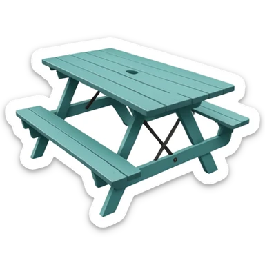 picnic table with attached benches, muted teal, straight vertical legs, small wheels, flat wood-style silhouette, minimal shading, clean geometry sticker