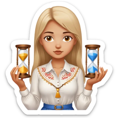 A Ukrainian girl in a white embroidered shirt holds an hourglass in her hands sticker