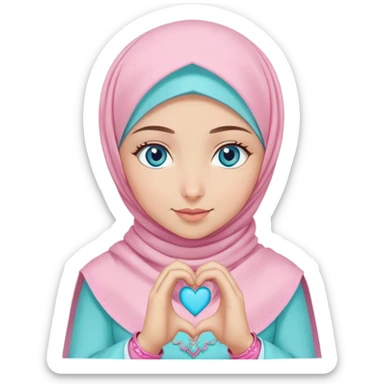 Turkish beautiful finish Konya girl blue eyes with light turquoise and pink hijab islamic dress and making heart with hands and with thank you text sticker