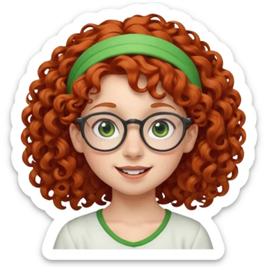 redhead kid with unique face features and very curly hair kid girl happy and big glassess and big nose and very green eyes and headband sticker