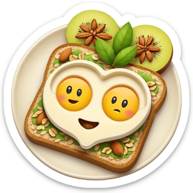 Vegetarian breakfast emoji illustration, flat iOS emoji style, toast, fruits, oatmeal, nuts, milk, no eggs, no meat, no fish, no non-vegetarian food, clean white background.” sticker