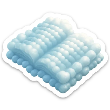 top view of a thick open book made entirely of small, very bright white fluffy convex clouds, matte glass style, no background sticker