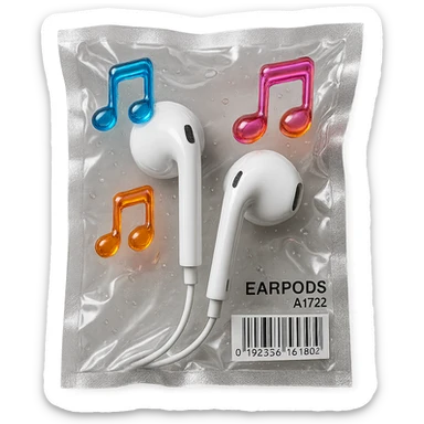 pair of white EarPods with three floating glass music notes in neon colors, shiny and puffy sticker