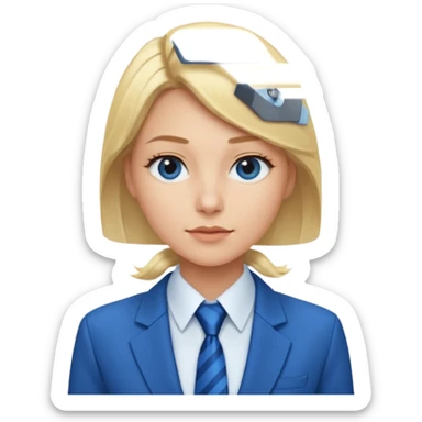 une femme blonde jolie avec une chemise blanche et une veste a manche longues et cravate bleu sticker