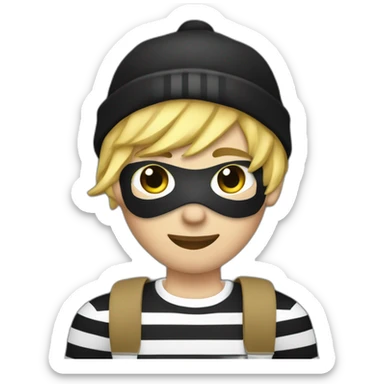 robber with blonde hair wearing a black beanie and a long sleeved white and black horizontally striped t-shirt and wearing black eye mask and holding a bag of money in their left shoulder sticker