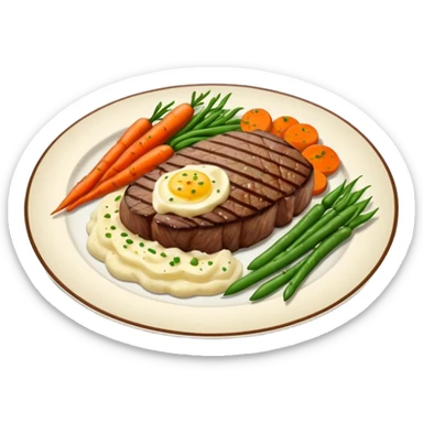 Medium rare Wagyu steak on a bed of creamy garlic mash potatoes couples with pan seared carrots and  green beans sticker