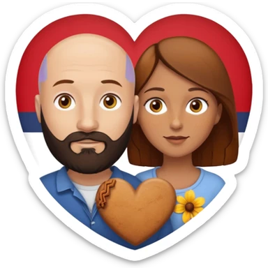 Couple. Bald man with dark brown-black beard. Woman with many small, faded freckles, white skin and she has auburn-yellow-brown-caramel-cinnamon dark hair. She has light yellow-brown eyes. The man have hazel eyes. They are inside a big heart. sticker