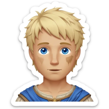 medieval summer look worn by a DnD themed fantasy character. bare upper body with a sun-kissed tan and some dirt marks. The character's haven't arms. character is blonde hair, blue eyes, short messy hair, white-skinned man. sticker