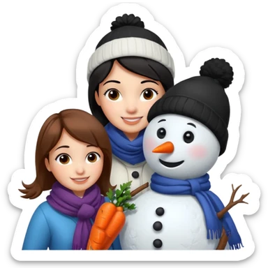 Cartoon girl with brown hair and scarf, building a snowman. Cartoon boy with black hair, placing a carrot nose on the snowman, smiling sticker