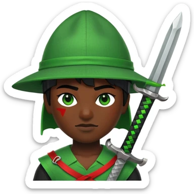 a black skined person and 1 eye is red with a glare and has a green roblox sword with a green 1x1x1x1 hat  with black legs and a blacks arms sticker