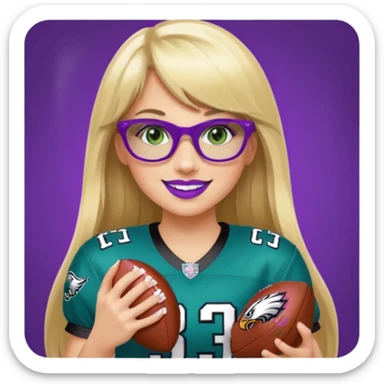 long blonde hair with bangs black rectangle glasses female green eyes football player wearing eagles uniform jersey number 33 holding football smiling purple lipstick sticker
