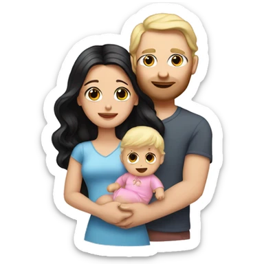 White Woman with long wavy black hair next to white man with blonde hair holding baby with pink bow in hair sticker