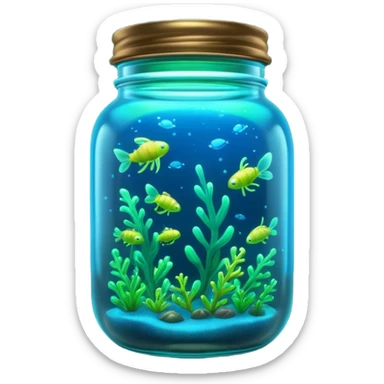 3D render of Firefly Jar, bioluminescent deep sea style, glowing neon blue and green lights, dark background to contrast the glow, translucent organic textures. sticker