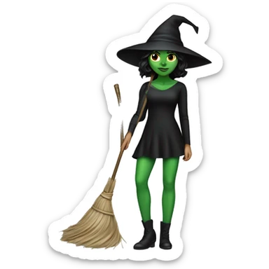 Woman with  striking green skin, dark hair, wears a black dress and a pointy hat  carries a broomstick, sticker