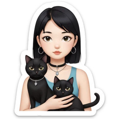 Asian cool girl, black hair, medium length.  Holding two BLACK cats. one cat has a round fat face, the other one has a slightly slimmer face. Both pure black.  The girl also wearing a black singlet, a black chocker, silver round hook earring, and wearing eyeliner.  sticker