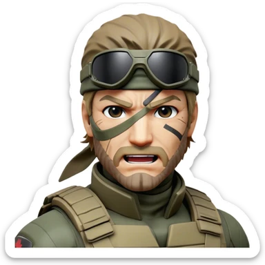 Cinematic Realistic Metal Gear Solid Snake Soldier Portrait, head tilted dramatically with an exaggeratedly amused expression, blending stealthy seriousness with a touch of unexpected humor. His rugged features, set against intricately detailed tactical gear in muted earth tones, are rendered with lifelike texture and dynamic lighting, high shine, dramatic yet whimsical, capturing the essence of a soldier whose epic covert skills are matched by a playful, irreverent spark. sticker