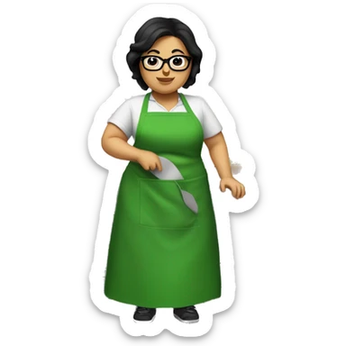 chubby lady with black hair green apron  with glasses cooking tacos sticker