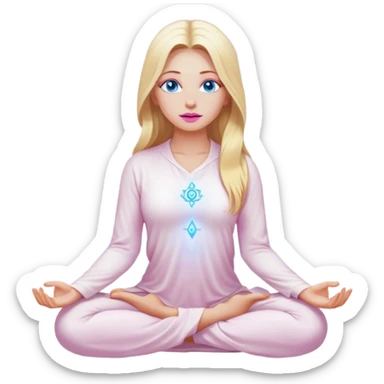 A cinematic realistic blonde with long hair, blue eyes, pink lips in white clothes meditates, her chakras glow sticker