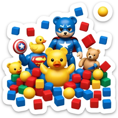 various colorful toys scattered together - teddy bear, rubber duck, toy blocks, ball, and action figures sticker