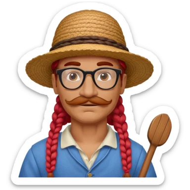 venice gondolier with long red braided hair, iconic hat, normal glassess and mustache sticker