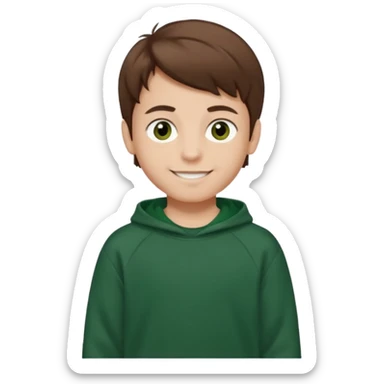 a smiling boy with brown hair and white skin with dark eyes and he is wearing a dark green sweatshirt sticker